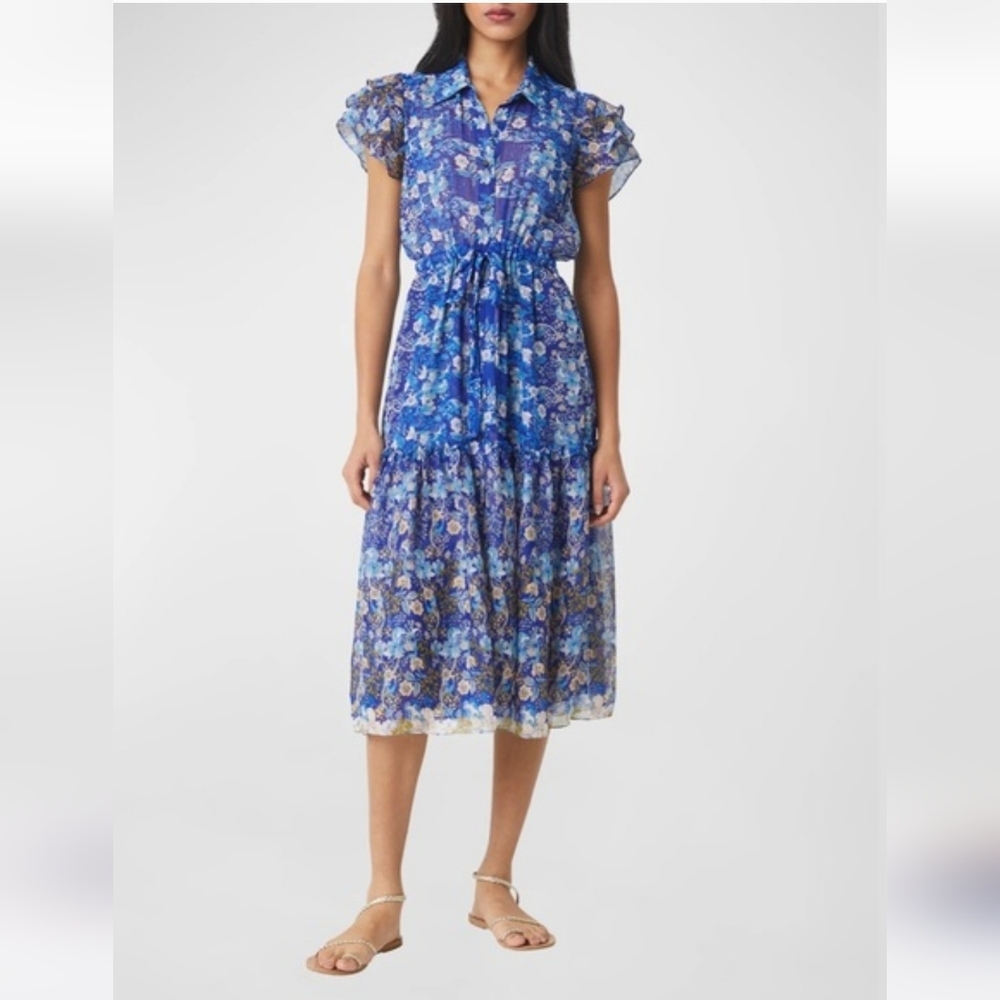 Misa Los Angeles Viola Blue Floral Ruffle Chiffon Midi Dress Med Whymsical Flirt
